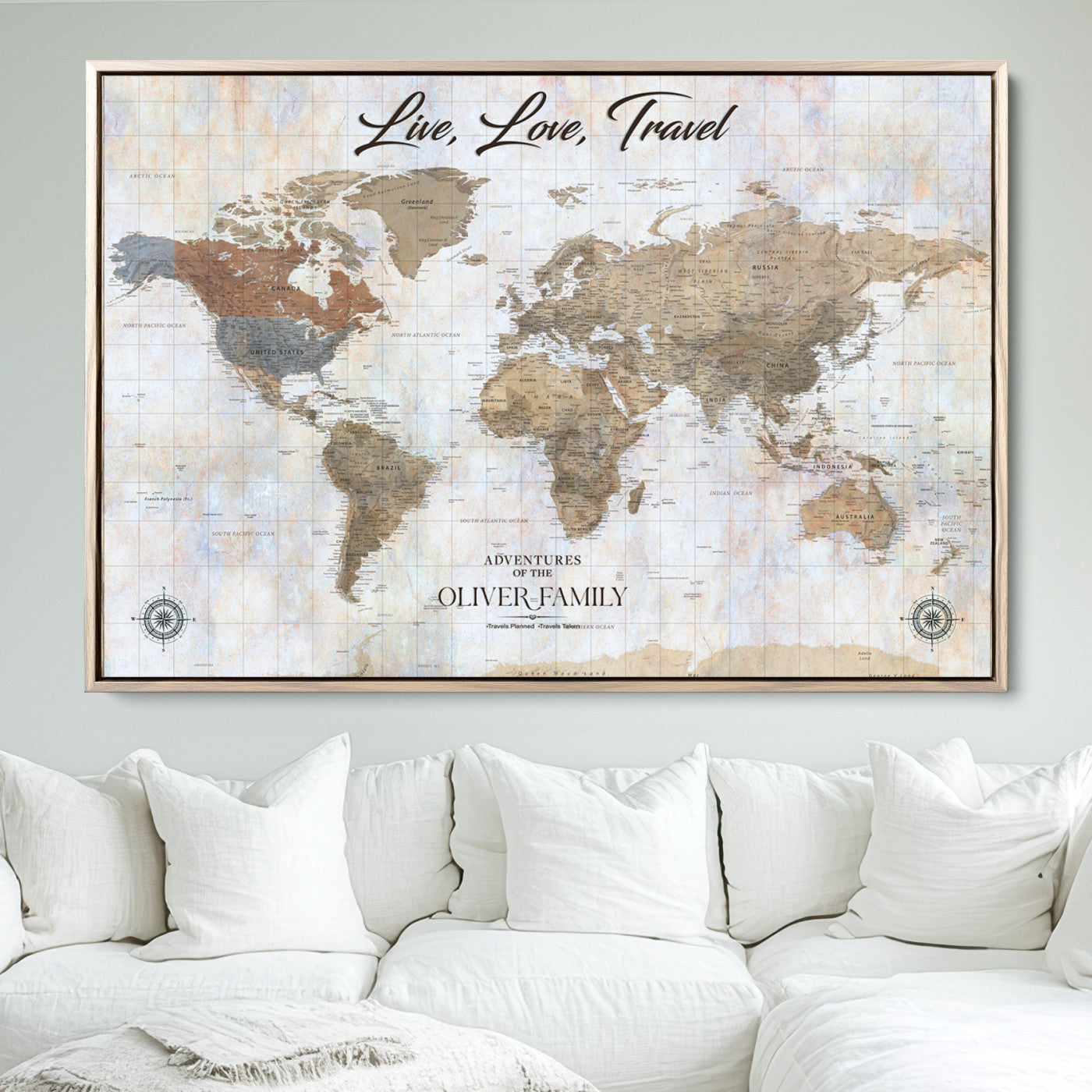 76256172-MGV-FC-36X24_Natural-Custom Push Pin World Map Wall Canvas Print – Personalized Travel Tracker with Pins – Framed Large Multi-Size Canvas for Home Office Decor - H20