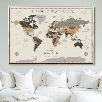 80998319-MGV-FC-36X24_Natural-Personalize World Map Push Pin Wall Canvas Print – Personalized Travel Tracker with Pins – Framed Large Multi-Size Canvas for Home Office Decor
