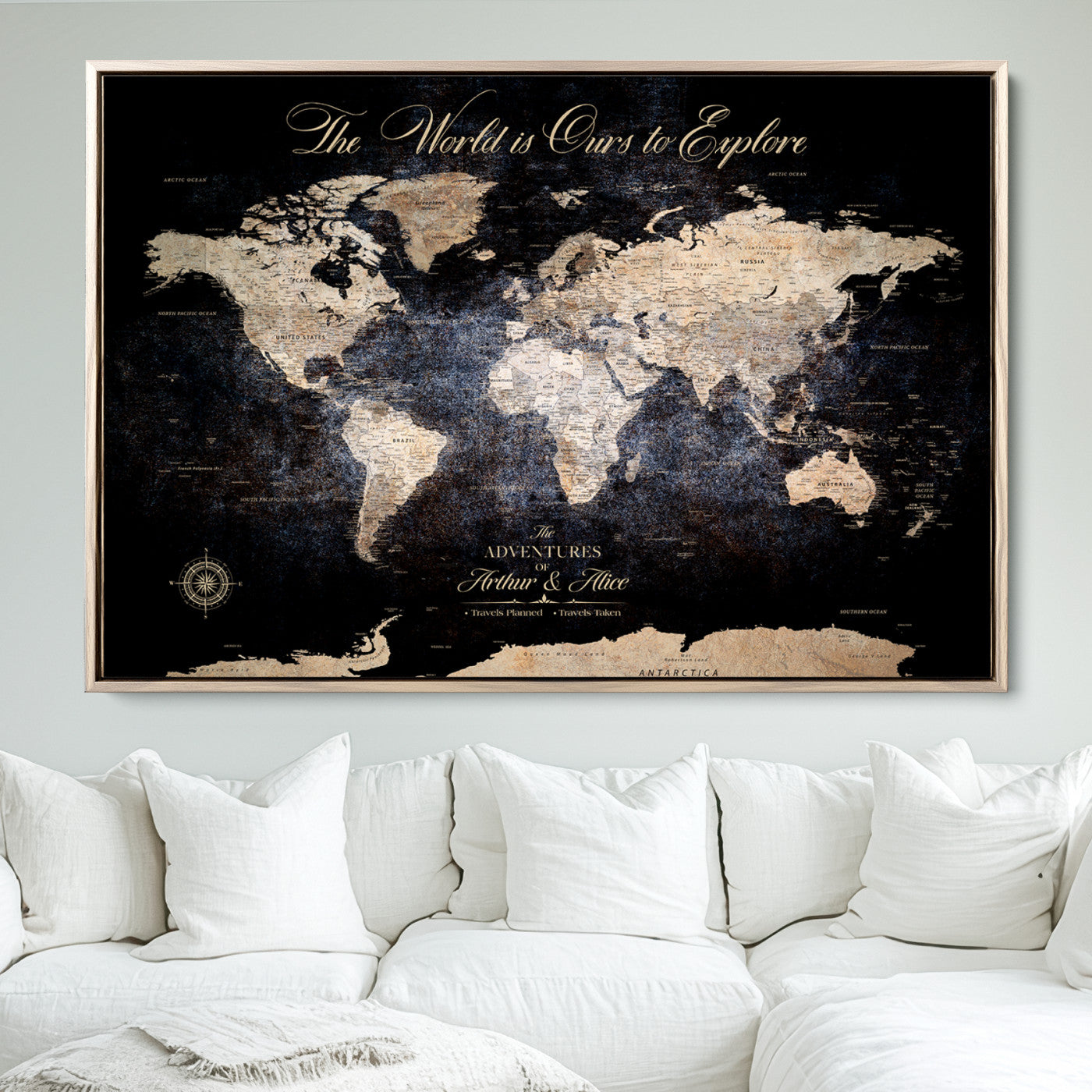 '-Customize Push Pin World Map Wall Canvas Print, Personalized Travel Tracker with Pins, Framed Large Canvas for Home Office Decor - H37