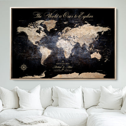 '-Customize Push Pin World Map Wall Canvas Print, Personalized Travel Tracker with Pins, Framed Large Canvas for Home Office Decor - H37