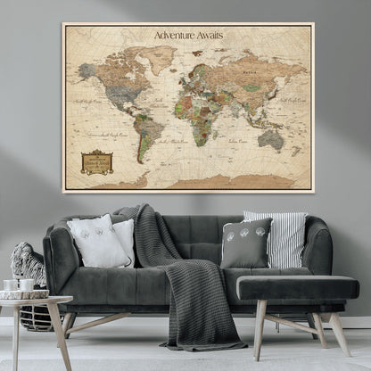 Custom Push Pin World Map Wall Canvas Print – Personalized Travel Tracker with Pins – Framed Custom Quotie Canvas for Home Office Decor
