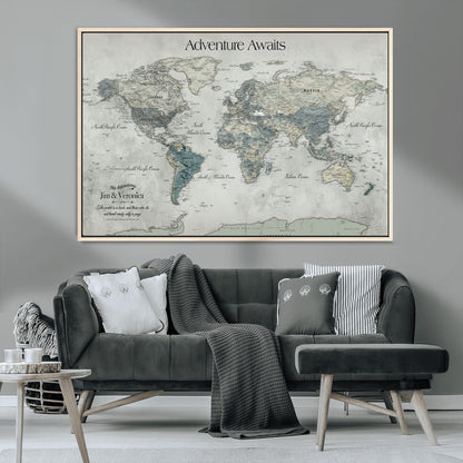 Customize Push Pin World Map Wall Canvas Print – Personalized Travel Tracker with Pins – Framed Custom Quotie Canvas for Home Office Decor
