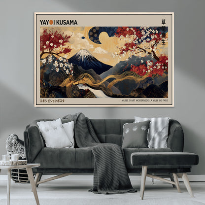 Yayoi Kusama's artwork featuring Mount Fuji, blooming cherry trees, and intricate swirls, blending traditional Japanese elements with vibrant color.
