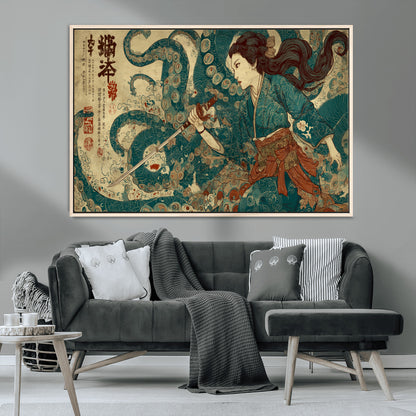 Tsukioka Yoshitoshi Samurai Wall Art Print, Japanese Katana Warrior Canvas Wall Art, Octopus Sea Monster Canvas Print,