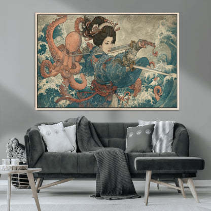 Tsukioka Yoshitoshi Samurai Wall Art Print, Japanese Katana Warrior Canvas Wall Art, Octopus Sea Monster Canvas Print,