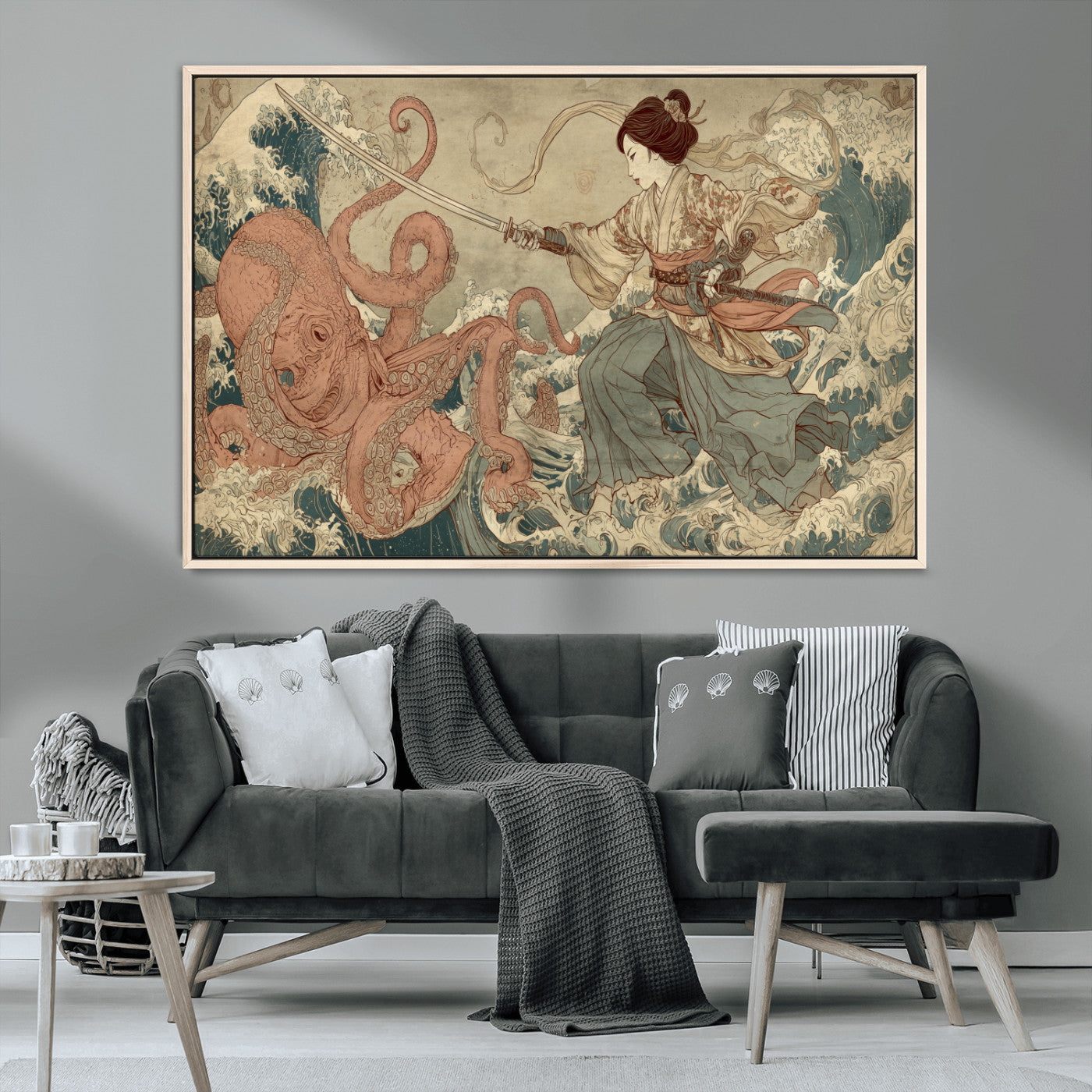 Tsukioka Yoshitoshi Samurai Wall Art Print, Japanese Katana Warrior Canvas Wall Art, Octopus Sea Monster Canvas Print,