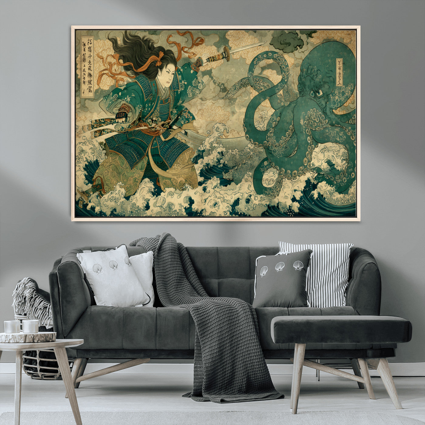 Tsukioka Yoshitoshi Samurai Wall Art Print, Japanese Katana Warrior Canvas Wall Art, Octopus Sea Monster Canvas Print,