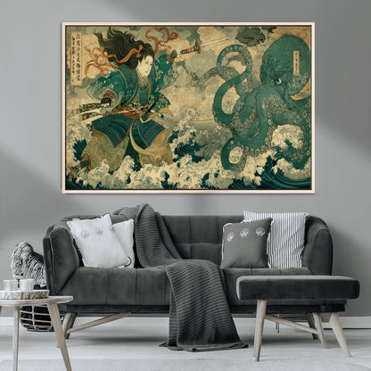 Tsukioka Yoshitoshi Samurai Wall Art Print, Japanese Katana Warrior Canvas Wall Art, Octopus Sea Monster Canvas Print,