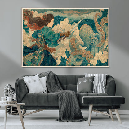 Tsukioka Yoshitoshi Samurai Wall Art Print, Japanese Katana Warrior Canvas Wall Art, Octopus Sea Monster Canvas Print,