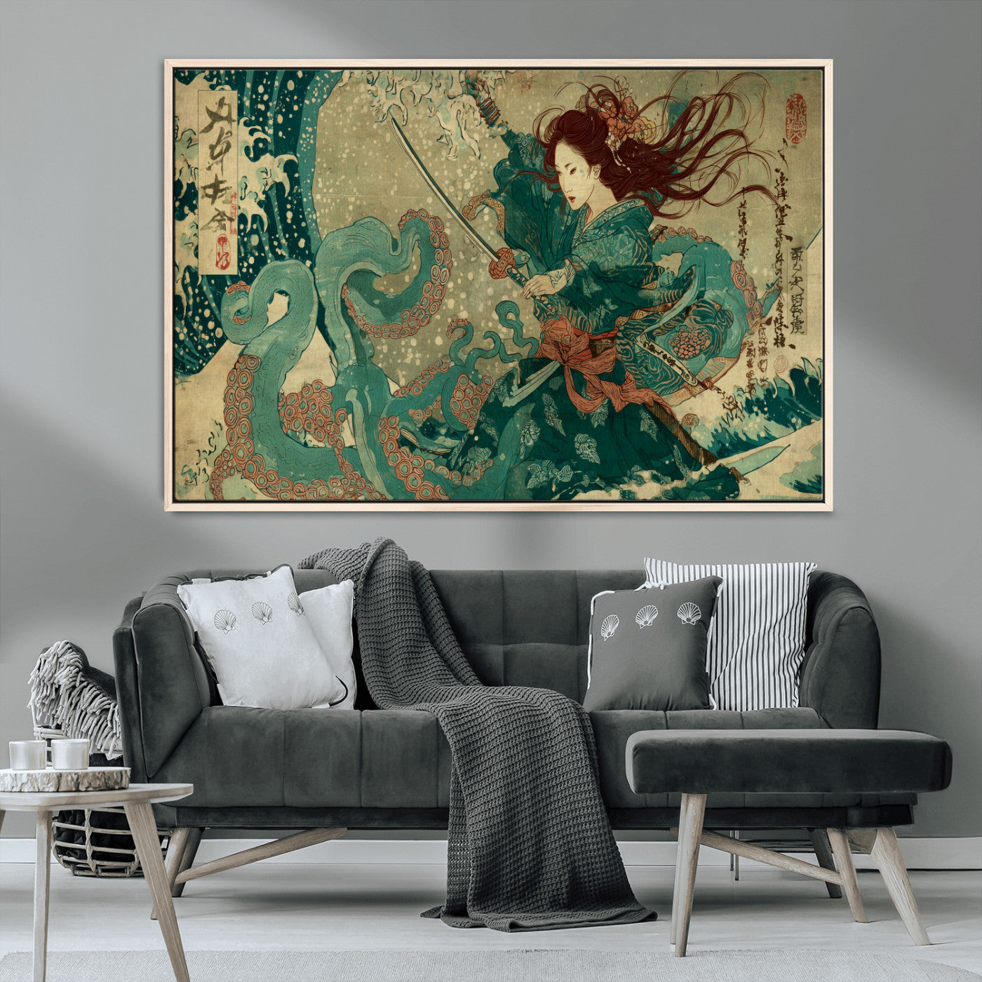 Tsukioka Yoshitoshi Samurai Wall Art Print, Japanese Katana Warrior Canvas Wall Art, Octopus Sea Monster Canvas Print,