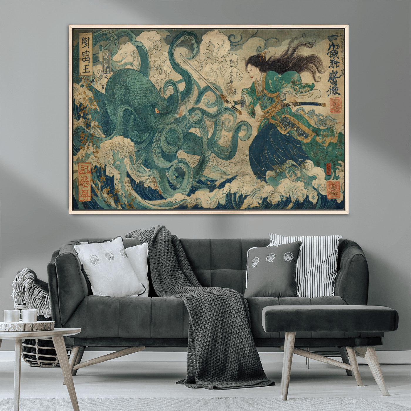 Tsukioka Yoshitoshi Samurai Wall Art Print, Japanese Katana Warrior Canvas Wall Art, Octopus Sea Monster Canvas Print,
