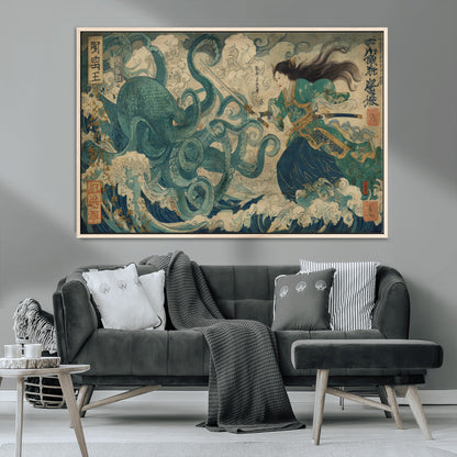Tsukioka Yoshitoshi Samurai Wall Art Print, Japanese Katana Warrior Canvas Wall Art, Octopus Sea Monster Canvas Print,