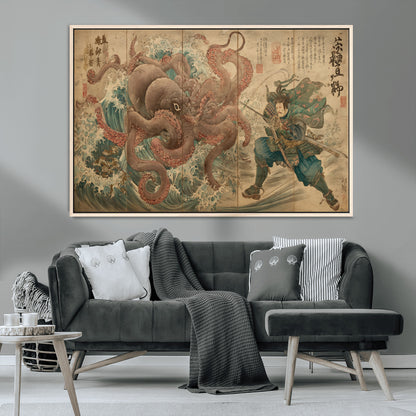 Tsukioka Yoshitoshi Samurai Wall Art Print, Japanese Katana Warrior Canvas Wall Art, Octopus Sea Monster Canvas Print,