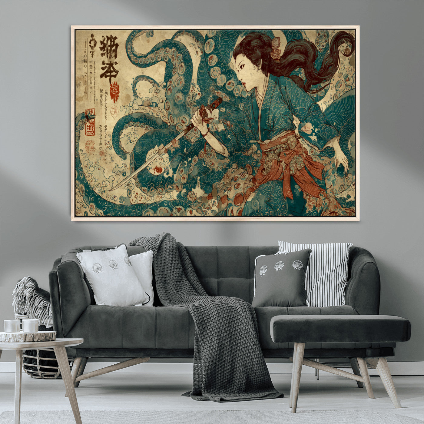 Tsukioka Yoshitoshi Samurai Wall Art Print, Japanese Katana Warrior Canvas Wall Art, Octopus Sea Monster Canvas Print,