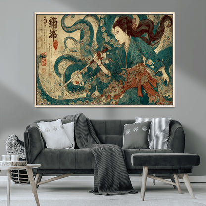 Tsukioka Yoshitoshi Samurai Wall Art Print, Japanese Katana Warrior Canvas Wall Art, Octopus Sea Monster Canvas Print,