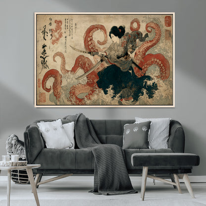 Tsukioka Yoshitoshi Samurai Wall Art Print, Japanese Katana Warrior Canvas Wall Art, Octopus Sea Monster Canvas Print,