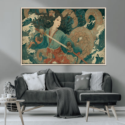 Tsukioka Yoshitoshi Samurai Wall Art Print, Japanese Katana Warrior Canvas Wall Art, Octopus Sea Monster Canvas Print,