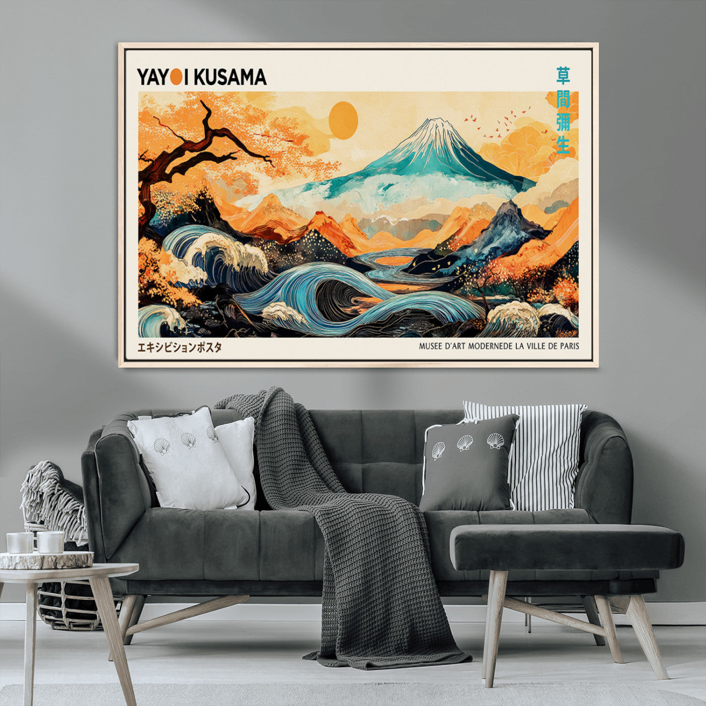 Modern Japanese-style art print featuring a stylized Mount Fuji, flowing waves, and vibrant landscapes in bold colors, inspired by traditional and contemporary aesthetics.