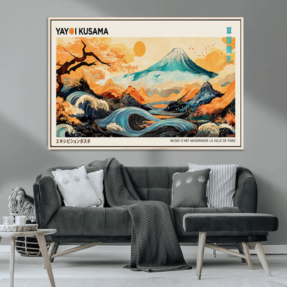 Modern Japanese-style art print featuring a stylized Mount Fuji, flowing waves, and vibrant landscapes in bold colors, inspired by traditional and contemporary aesthetics.