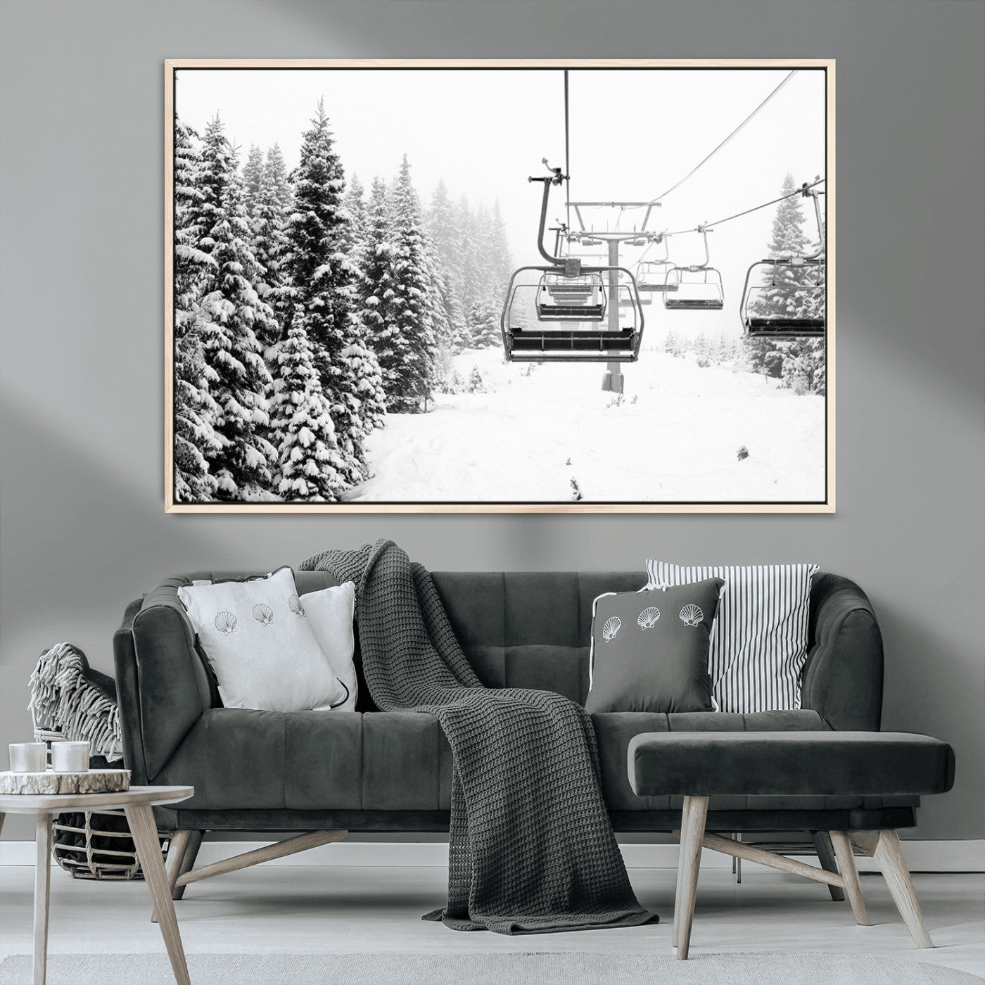 Black and white canvas of empty ski lifts over a snowy pine forest, perfect for minimal winter or ski lodge-inspired decor.