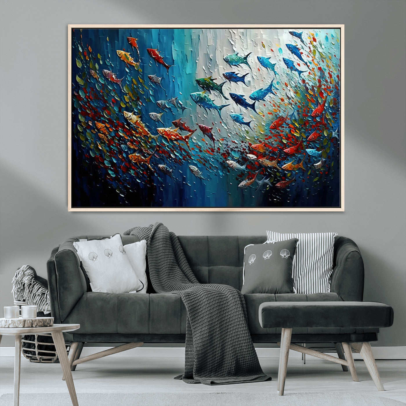 Colorful painting of fish swimming in abstract ocean swirls, perfect for vibrant marine-themed or expressive coastal home decor.
