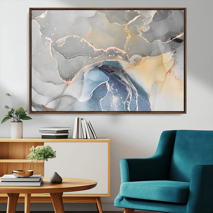 -Abstract Fluid Art Wall Decor – Blue, Gray & Gold Canvas Print, Modern Home and Office Wall Art Decor for Living Room, Bedroom or Workspace