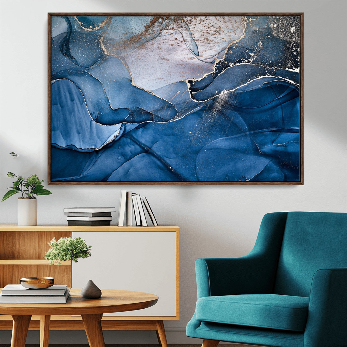 -Abstract Blue Gold Fluid Art Wall Decor – Modern Canvas Print, Elegant Home & Office Wall Art, Stylish Living Room or Bedroom Decoration