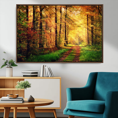 73494-MGV-CV-36X24-Golden Autumn Forest Path Wall Art – Sunlit Woodland Canvas Print, Fall Nature Landscape Home Decor