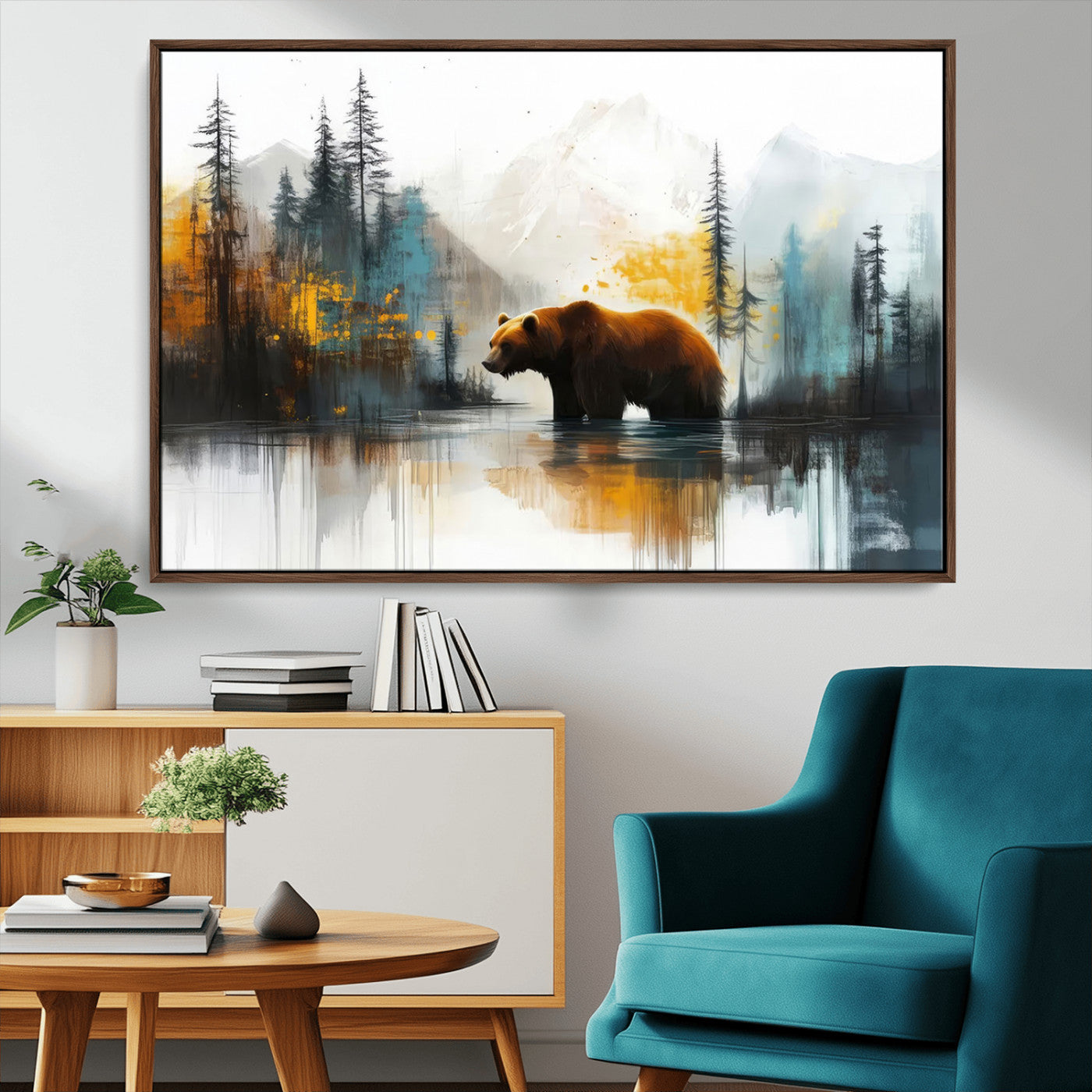 A majestic bear stands by the serene waters of a misty forest, surrounded by towering trees and distant mountains, evoking the raw beauty and wild spirit of nature.
