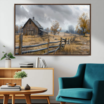 A tranquil rural scene featuring a rustic barn, overcast skies, and golden fields with scattered trees, evoking a sense of peaceful solitude in nature.