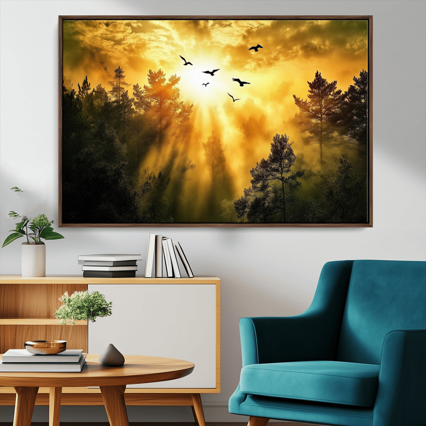 Canvas of a golden forest at sunset with birds flying through glowing sunbeams and silhouetted pine trees, ideal for warm-toned rustic decor.