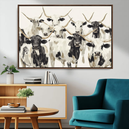 Canvas of a Texas Longhorn cattle herd in neutral black and white tones, ideal for rustic farmhouse or western-themed decor.