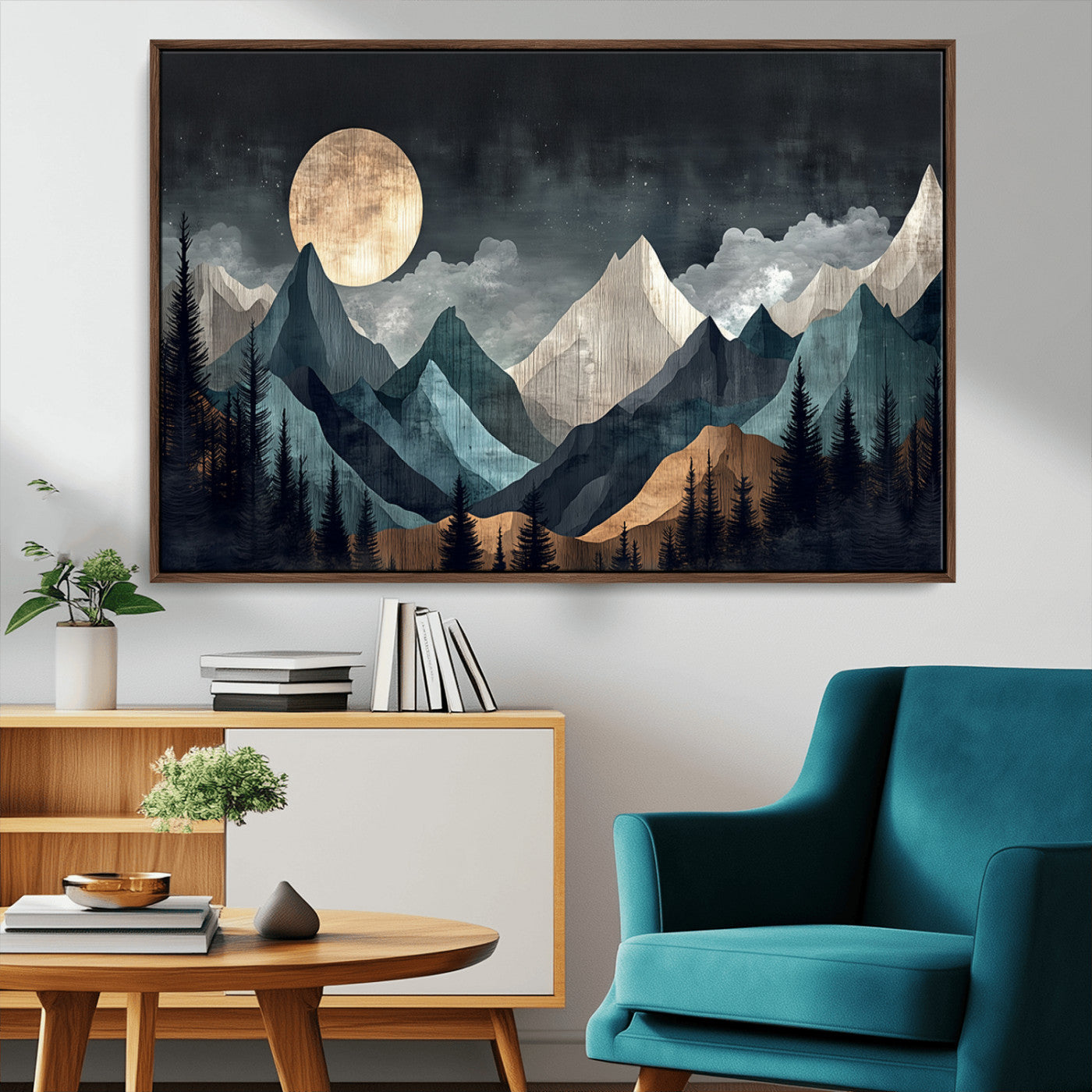 Stylized canvas of layered mountains under a full moon in neutral moody tones, ideal for nature-inspired or modern rustic interiors.