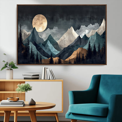Stylized canvas of layered mountains under a full moon in neutral moody tones, ideal for nature-inspired or modern rustic interiors.
