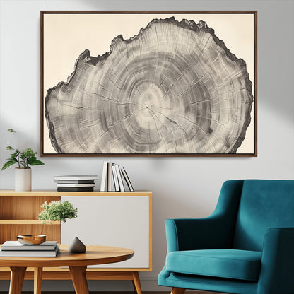 Detailed tree ring drawing in monochrome tones, ideal for rustic or nature-inspired interiors with a minimal decor aesthetic.
