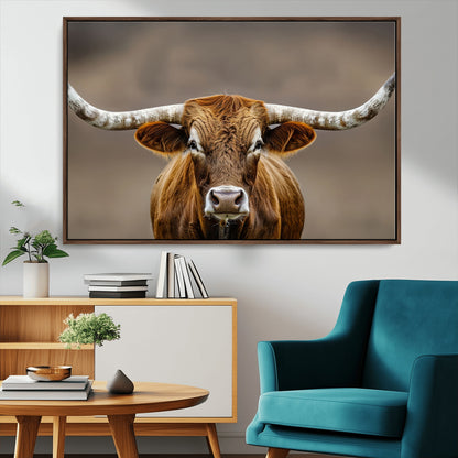 Close-up of a Texas Longhorn with strong curved horns and warm brown tones, perfect for rustic or western-style wall decor.