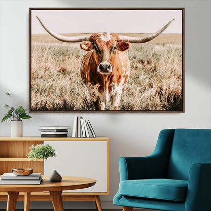 Framed longhorn cow canvas wall art with rustic prairie background, western animal print perfect for farmhouse or ranch style decor