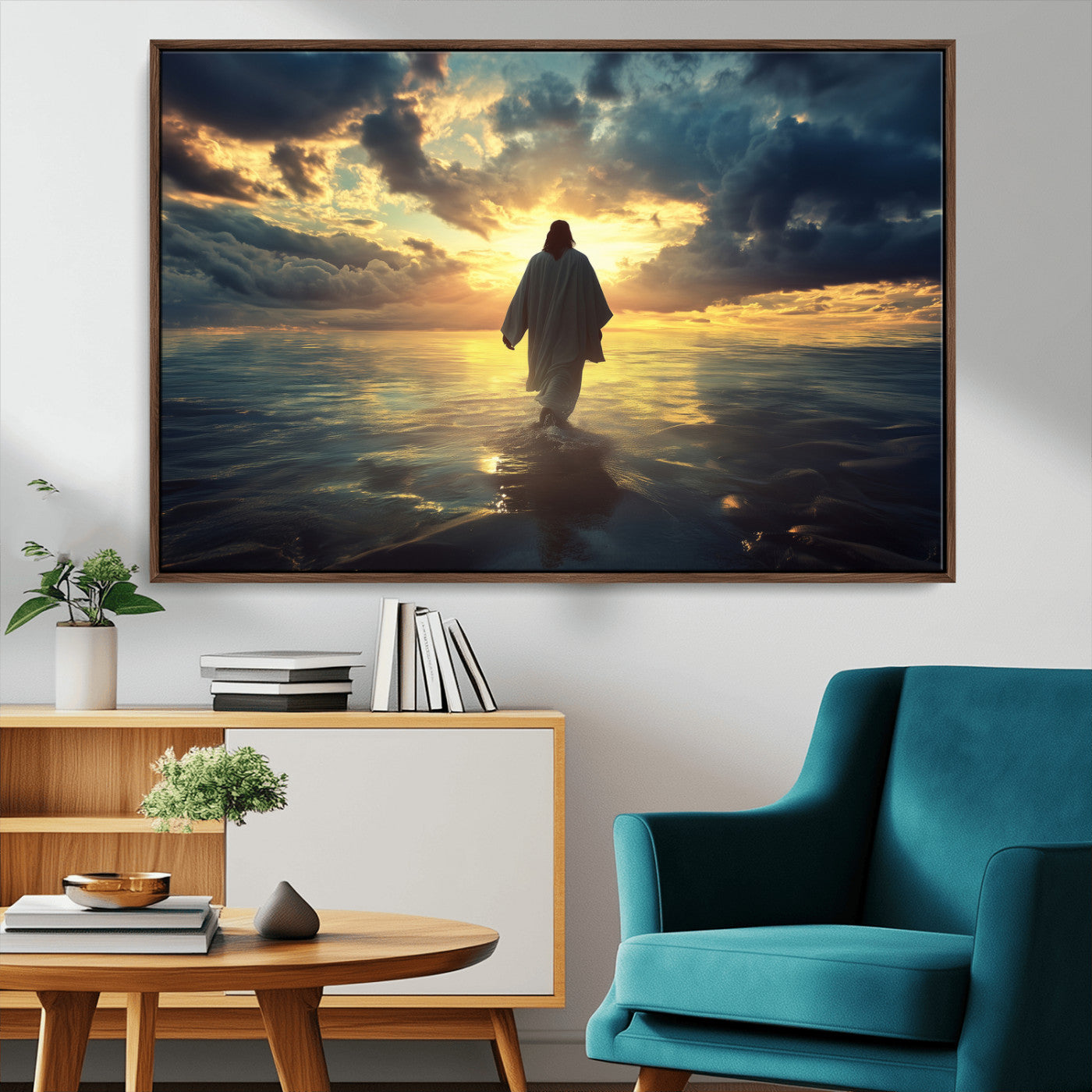 Spiritual artwork of Jesus walking on water at golden hour with divine light, ideal for Christian home decor or prayer room.