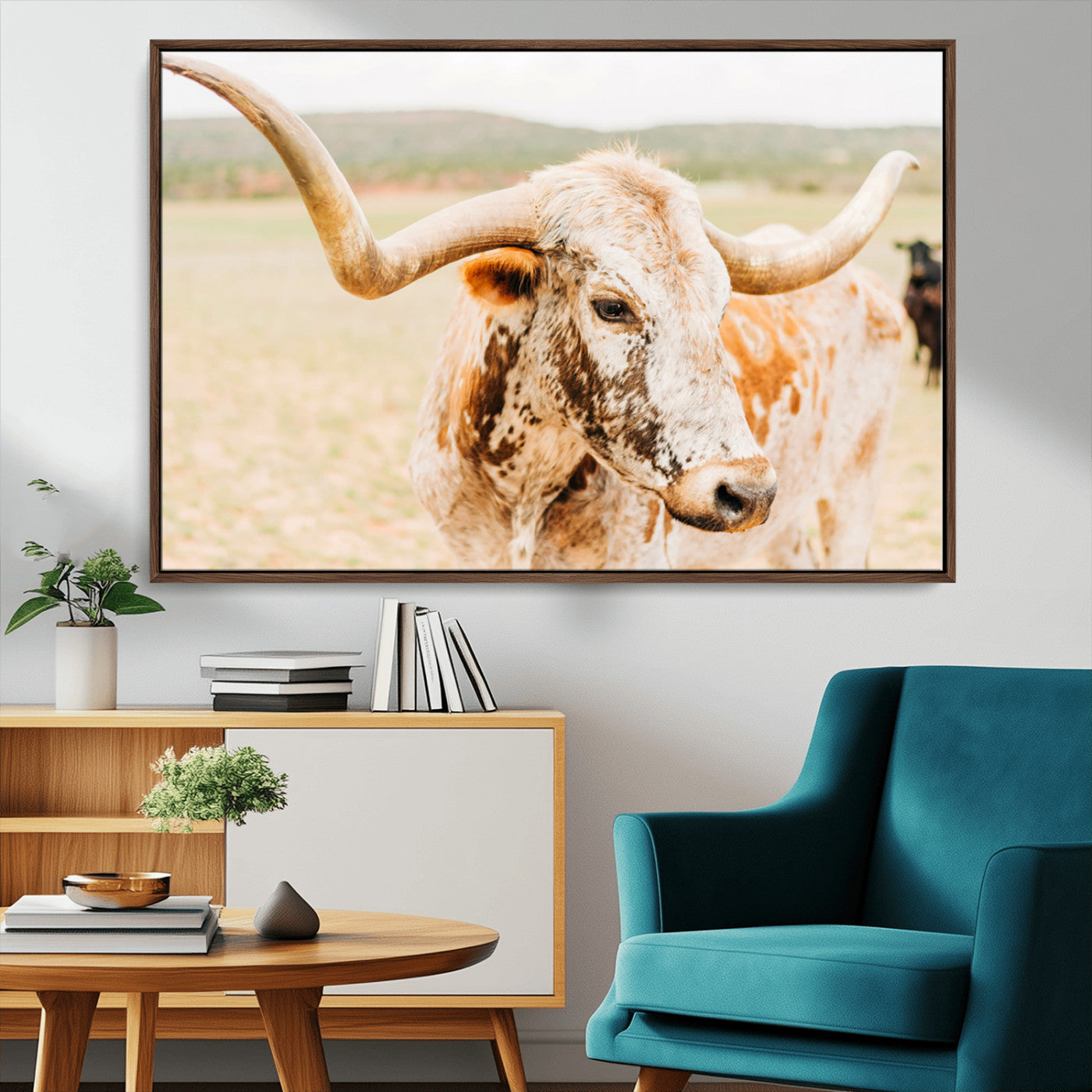 Close-up of a speckled Texas Longhorn in warm prairie tones, perfect for rustic western or countryside-themed room decor.