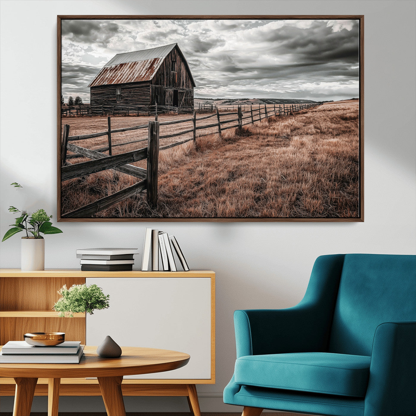Framed canvas of a rustic barn under a moody sky with weathered fence and dark fields, ideal for farmhouse or rural-style wall decor.