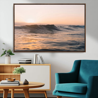 Framed canvas of ocean waves glowing in sunset light, ideal for golden hour calm or peaceful coastal-inspired wall decor.