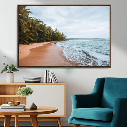 Framed canvas of a tropical beach with palm trees and soft waves, ideal for coastal escape or serene nature-inspired home decor.