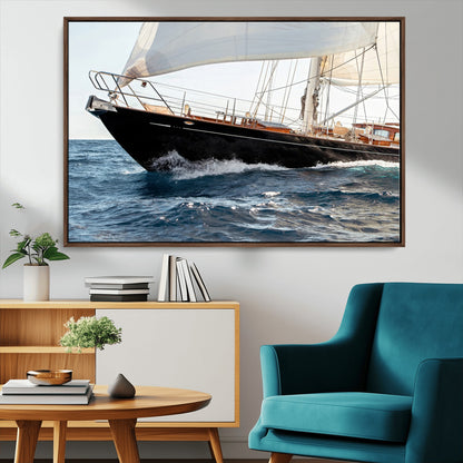 Close-up of a classic sailing yacht with wooden deck and full sails, perfect for nautical or coastal-style decor in ocean-themed spaces.