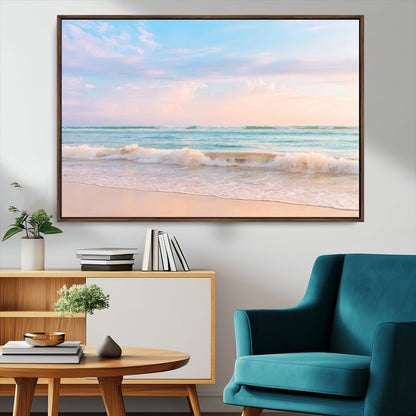 Pastel-toned ocean waves under soft sunset skies, ideal for pastel coastal or serene beach-style home decor.