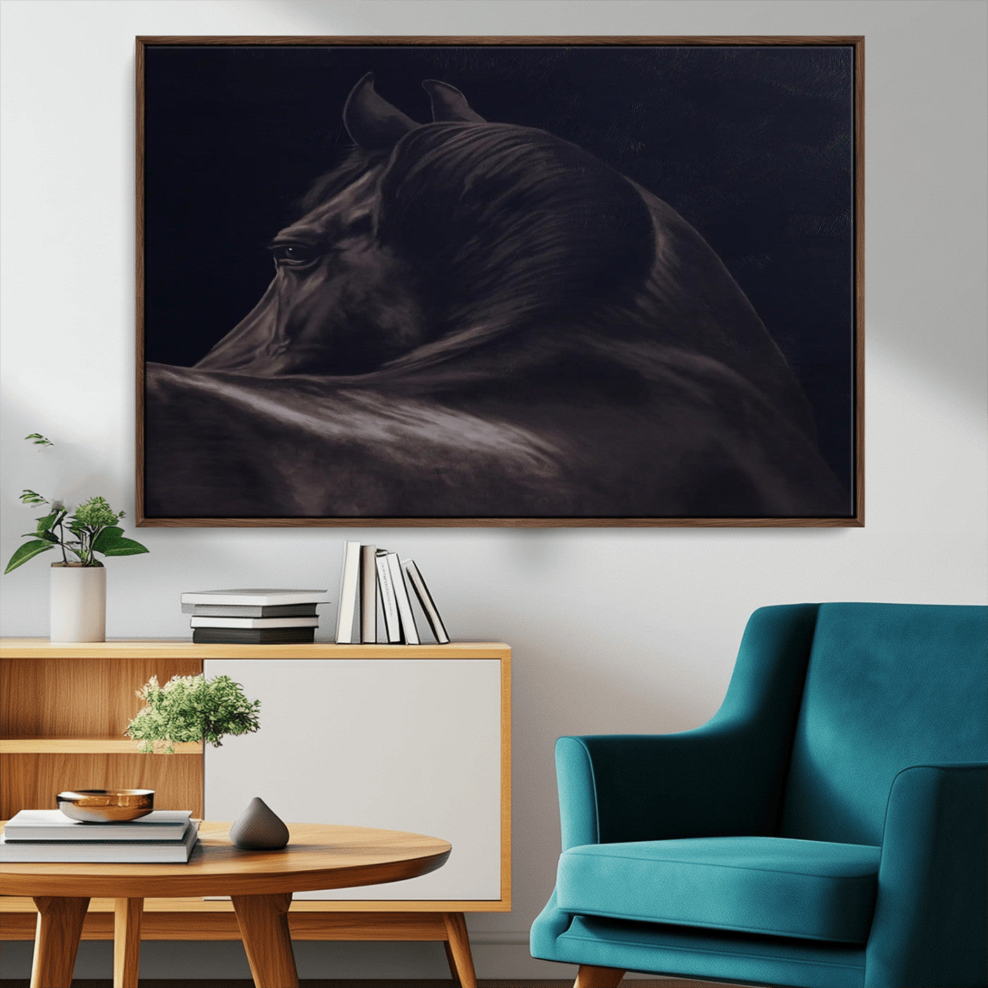 Close-up of a black horse with dramatic lighting on a dark background, perfect for rustic or masculine home decor.