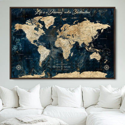 23551206-MGV-FC-36X24_Walnut-Old Style World Map with Push Pins – Framed Canvas Print for Wall, Track Past and Future Adventures in a Decorative Way - H15