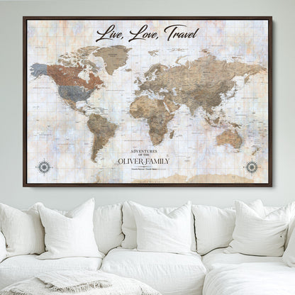 76256172-MGV-CV-36X24-Custom Push Pin World Map Wall Canvas Print – Personalized Travel Tracker with Pins – Framed Large Multi-Size Canvas for Home Office Decor