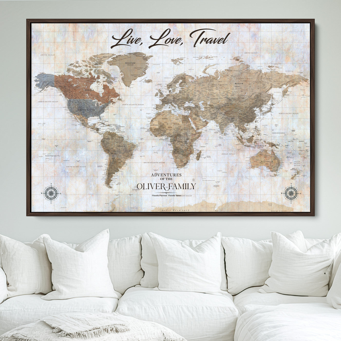 76256172-MGV-FC-36X24_Walnut-Custom Push Pin World Map Wall Canvas Print – Personalized Travel Tracker with Pins – Framed Large Multi-Size Canvas for Home Office Decor - H20