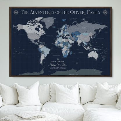 11352707-MGV-CV-36X24-Custom Push Pin World Map Wall Canvas Print – Personalized Travel Tracker with Pins – Framed Large Multi-Size Canvas for Home Office Decor