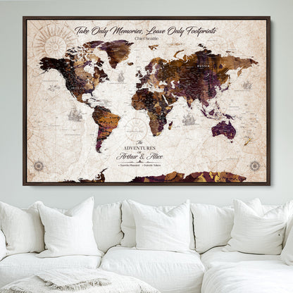 64869039-MGV-FC-36X24_Walnut-Custom Push Pin World Map Wall Canvas Print – Personalized Travel Tracker with Pins – Framed Large Multi-Size Canvas for Home Office Decor - H29